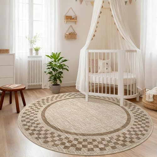 GarveeHome 4ft Washable Round Rug for Entryway Checkered Bedroom Circle Rug - Image 3