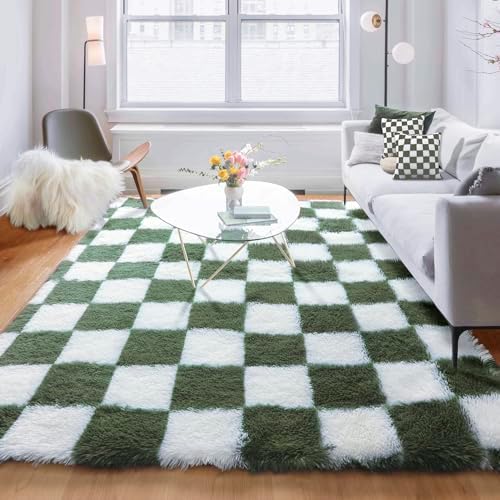 KICMOR Area Rug 5x7 for Living Room, Soft Fluffy Olive Green and White Checkered Shag Rugs Shaggy Fuzzy Carpet for Bedroom, Indoor Furry Plush Floor Rug for Kids Boys Girls Dorm Nursery Home Decor by KICMOR