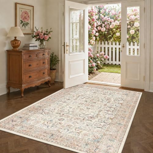 4x6 Washable Bedroom Area Rug Non-Slip Vintage Pink Throw Carpet - Image 3