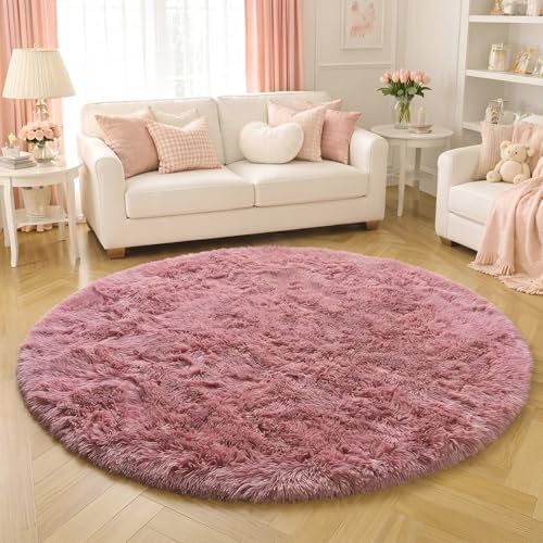 Amdrebio Blush Pink Small Round Furry Rug 3Ft for Kids Bedroom Girls Room - Image 5