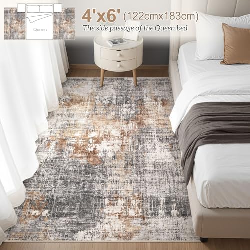 DMOYEST Area Rug Living Room Rugs - 4x6 Abstract Small Soft Indoor Washable Rug Neutral Modern Low Pile Carpet for Bedroom Dining Room Farmhouse Home Office - Grey Brown - Image 2