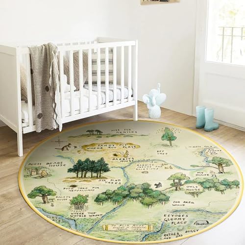 Estmy Washable Vintage Woodland Rug, 3ft Cute Fun Nursery Rugs for Girls Boys Neutral, Soft Stain Resistant Hundred Acre Wood Map Carpet, Cartoon Retro Kids Play Roud Rug Circle Infant Playmat by Estmy