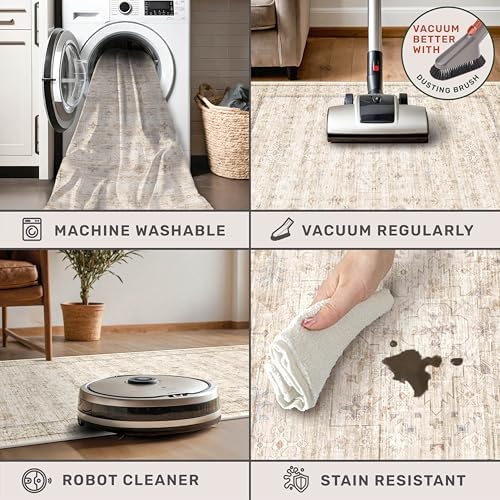 2x6 Long Beige Farmhouse Kitchen Runner Rug Washable Non Slip Carpet for Bathroom, Entryway, Soft Low Pile Floral Vintage Rugs for Bedroom, Bedside, Hallway - Image 3