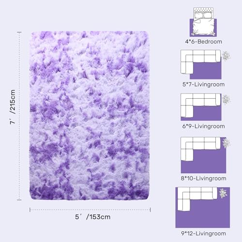 5x7 Purple White Rug Fluffy Living Room Rugs Girls, Plush Soft Fuzzy Area Carpet Non Slip for Bedroom Nursery Kids Girlie Elegant Home Decor Aesthetic - Image 2