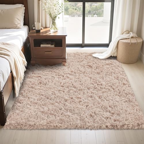 4x6 Area Rug for Living Room,Beige Fluffy Shag Non-Slip Bedroom Rugs - Image 4
