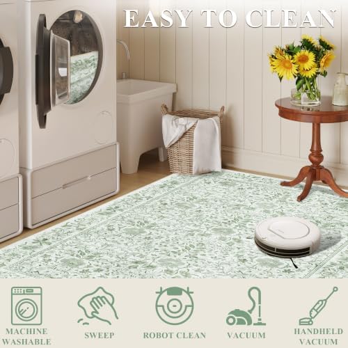 DUKINO 5x8 Area Rug Vintage Floral Washable Rugs for Living Room Sage Green - Image 6