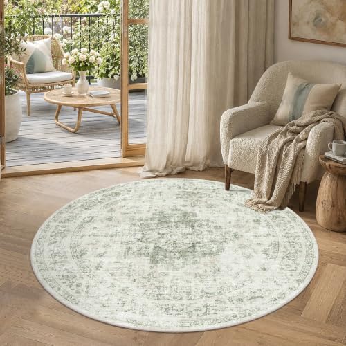 4ft Round Washable Office Rug Non-Slip Medallion Green Throw Carpet - Image 4