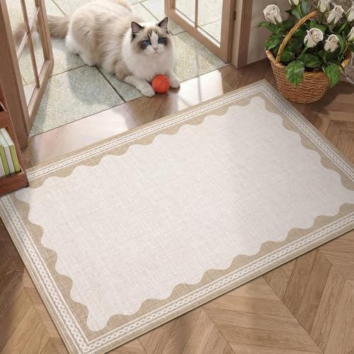 GarveeHome Scalloped Door Mat Indoor Rugs for Entryway Small Rug 2x3 Washable Non-Slip Solid Beige Modern Soft Low-Pile Throw Carpet for Bedroom Kitchen Bathroom Entrance by GarveeHome