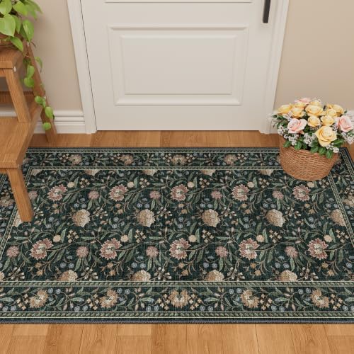 DUKINO 2x4 Rug, Washable Vintage Floral Entryway Rug Non Slip, Dark Green - Image 5