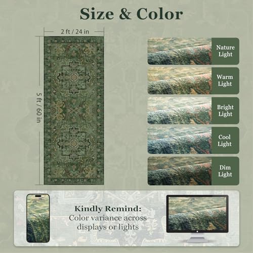 Green Boho 2x5 Runner Rugs for Hallways Non Slip Machine Washable, Low Pile Lightweight Carpet Runner for Entryway/Kitchen/Bathroom/Corridor/Laundry Room Distressed Vintage Medallion Printed - Image 2
