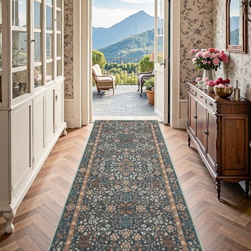 jinchan 3x8 Washable Hallway Runner Rug, Floral Non-Slip, Dark Blue - Image 2