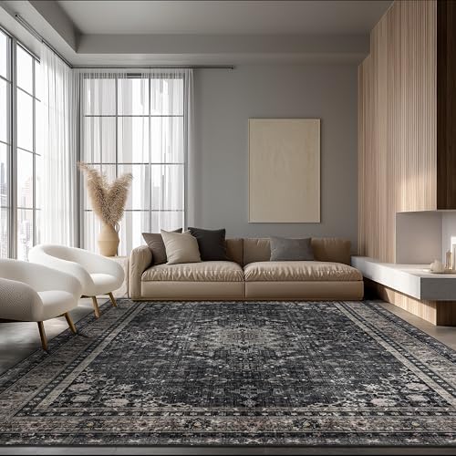 Ruaruarug Washable Area Rug 8×10 for Living Room, Ultra Soft, Black Gray by Ruaruarug