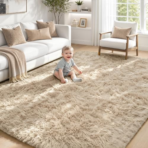 TENGTENGLINK 6x9 Fluffy Shag Area Rug Living Room Bedroom Washable Camel - Image 3