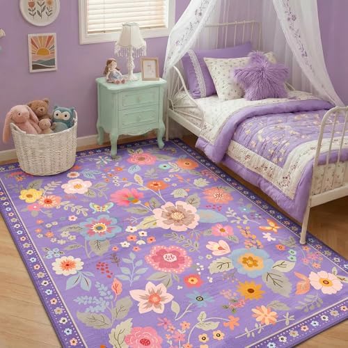 RELEANY Floral Washable 5x8 Area Rugs Purple/Pink - Image 2