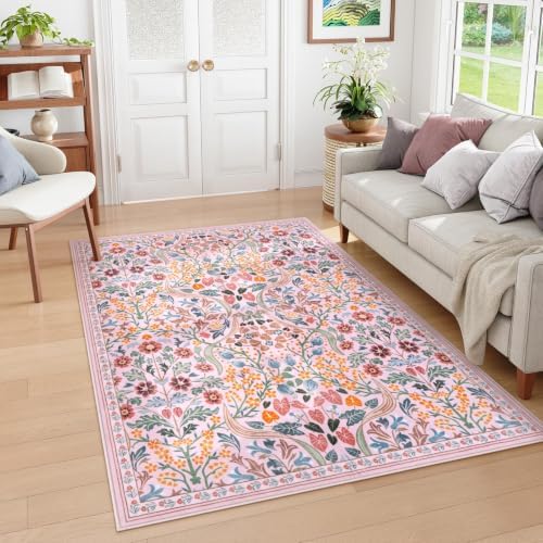 Moynesa Pink Floral 5x7 Rug for Bedroom, Washable Vintage Living Room Rug by Moynesa