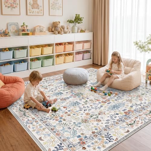 Vintage 8x8 Square Area Rug: Washable Boho Rug Soft Low-Pile Carpet Beige - Image 3