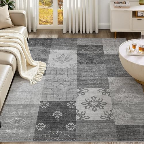 UERMEI 9x12 Area Rug for Living Room - Washable Vintage Carpet, Non-Slip Soft Large Indoor Floor Rugs for Bedroom Home Office & Under Dining Table Decor, Gray Block - Image 6