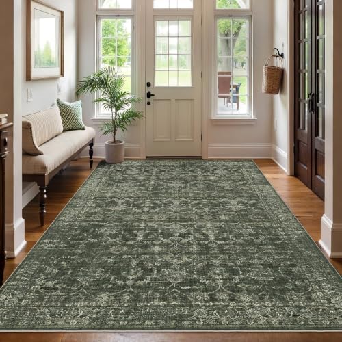 5x8 Washable Bedroom Area Rug Non-Slip Retro Dark Green Throw Carpet - Image 3