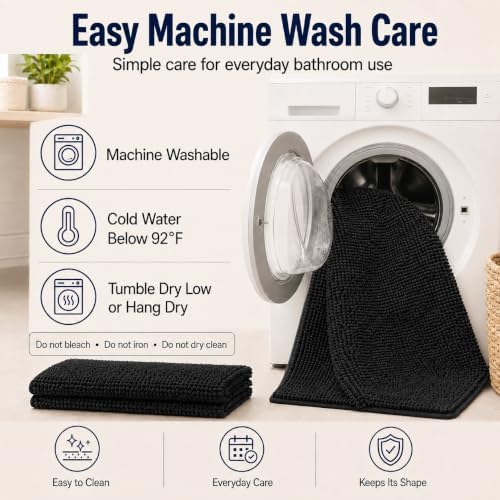 RUN HELIX Bathroom Rugs Set 2 Piece Thick Chenille Bath Mats, Soft Quick Dry Plush Absorbent Bath Rugs with Non-Slip PVC Backing, 32x20+24x16 Inch Black - Image 5