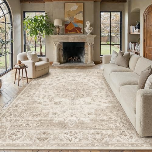 PureCozy Beige Area Rug 8x10 Living Room Neutral Vintage Non-Slip Carpet by PureCozy