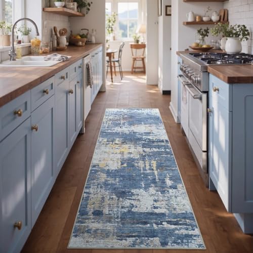 2x6 Ft Abstract Washable Runner Area Rugs for Hallway Gold Blue - Image 3