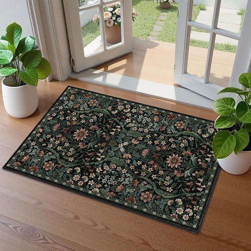 Floral 2x3 Entryway Rug Washable Doormat Indoor Throw Rug, Black by NakedCloud