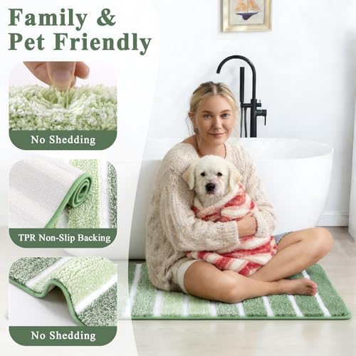 Yamaziot Sage Green Bathroom Rugs 20" x 32" Washable Non Slip Striped Mat - Image 3