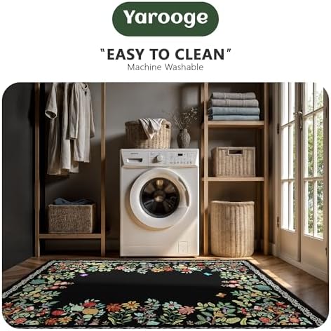5x7 Area Rugs, Ultra-Thin Soft Rugs for Bedroom, Indoor Non-Slip Washable Rug for Living Room, Dining Room, Low Pile Home Decor Floral Rug(Black) - Image 5