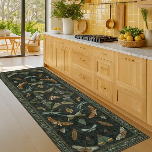Hazo Haus Dark Green Insect 2x5 Bathroom Runner Rug - Washable Non Slip Runners for Kitchen, Laundry Room, Front Door Mat Entrance, Nature Floral Indoor Floor Décor, Thin Low Pile with Rubber Backed - Image 6