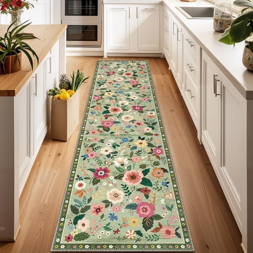 Floral Washable 2x10 Area Rugs Runner Entryway Hallway LightGreen by RELEANY