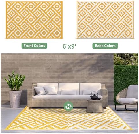 GENIMO Outdoor Rug, Waterproof Plastic Rugs for Patio, 6'x9' Yellow White - Image 3