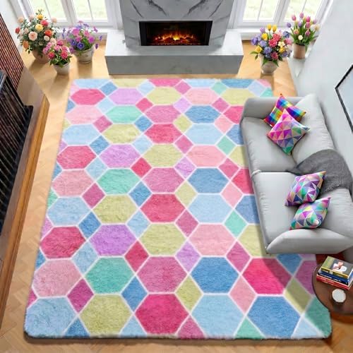 Checkered Pink Rainbow Area Rugs, Fluffy 5x8 Geometric Rug for Girl Bedroom - Image 5