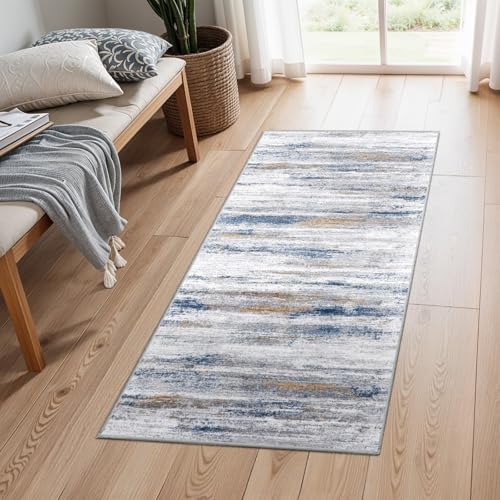 2x4 Washable Entryway Runner Rugs: Easy-to-Clean Runners for Hallway Bedroom - Stain and Water Resistant Rug with Non-Slip Backing - Soft Low-Pile Door Mat Kitchen Carpet Navy Grey by WIEVEDENS