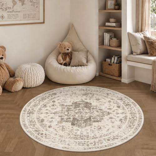 3ft Round Washable Office Rug Non-Slip Medallion Taupe Throw Carpet - Image 2