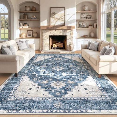 Area Rug 8x10 Vintage Rug: Large Washable Indoor Medallion Rugs Low Pile Distressed Floor Carpet Retro Accent Rug for Living Room Bedroom Kitchen Dining Table Home Office(Blue, 8'x10') by ZomfyRugs