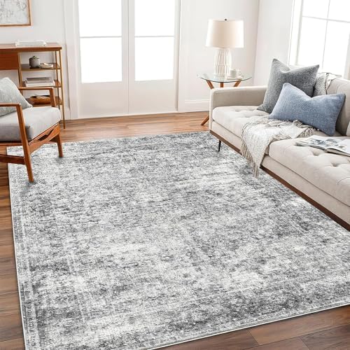 CHAMPLANT 5x7 Washable Area Rug Gray Vintage Traditional Floor Cover Foldable Thin Kitchen Accent Indoor Distressed Non Slip Carpet Floral Print Mat Bedroom Living Room Bathroom by CHAMPLANT