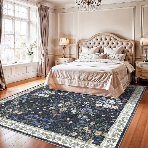 8x8 Square Area Rug Living Room, Non-Slip Floral Washable 8ft Square Rug Low Pile Thin Indoor Carpets for Dining Room Bedroom Office High Traffic Area Boho Vintage Home Decor (8ft Square, Blue) - Image 4