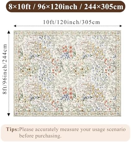 Vintage Botanical Floral Rug 8x10: Cottage Area Rug - Machine Washable Non Slip Low Pile Foldable Carpet - Living Room Bedroom Dining Room Indoor Rug - 8'x10' Beige - Image 2
