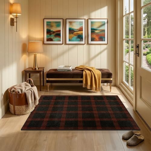 Easy Jute Red Black Buffalo Plaid 3x4 Rug, Washable Farmhouse Front Door Mat, Low Profile Entryway Rug for Porch, Kitchen & Mudroom - Image 3