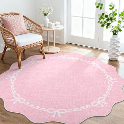 GarveeHome 5ft Round Rugs Washable Scalloped Bow Rug for Bedroom, Pink - Image 2