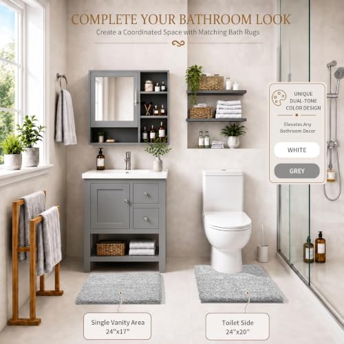 Yimobra Bathroom Rugs Non Slip Washable, Ultra Soft and Water Absorbent Bath Mats, Fluffy Shower Mat Outside, Plush Matts for Bathroom Floor/Sink, 24X17, Home Decor Accessories, Light Gray and White - Image 6