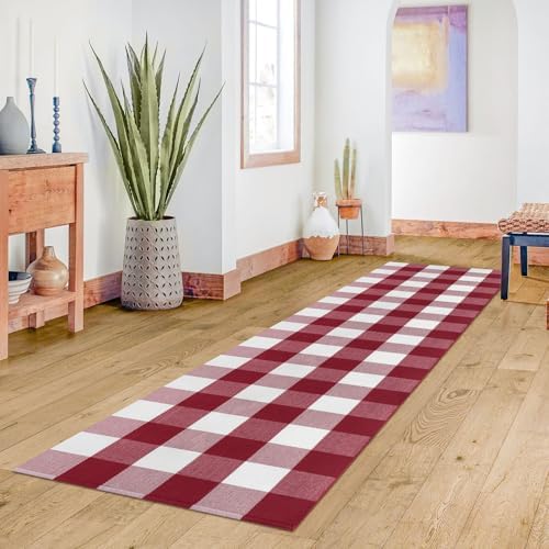 IOHOUZE Christmas Buffalo Plaid Runner Rug 2x8, Washable, Red White - Image 3