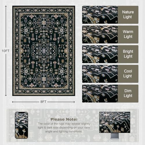 8x10 Area Rugs Living Room: Washable Vintage Rug for Bedroom Black - Image 2