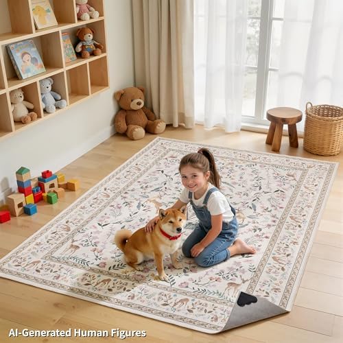 RCTJHOME 4x6 Beige Floral Nursery Kids Washable Area Rug Non-Slip Carpet - Image 3
