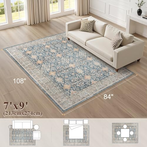 cotiled 7x9 Area Rug for Living Room, Washable, Traditional, Dark Blue - Image 2