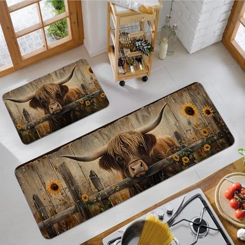 Farmhouse Kitchen Rugs Sets of 2 Non Slip Washable, Country Rustic Brown Highland Cow Kitchen Mats for Floor 2 Piece Home Decor - Image 6
