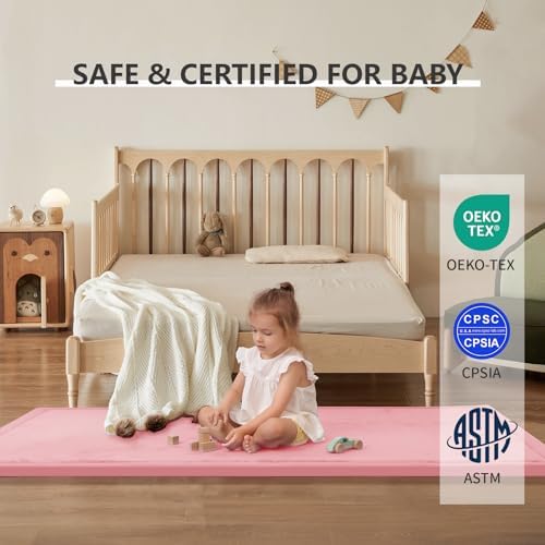 Play Mat for Babies Toddlers,1.3" Thick Elasti-Foam Anti-Fall Cushion Mat for kids Room,28×72 Bedroom Bedside Rugs,Water-Repellent Soft Coral Velvet,Non-Slip(Pink) - Image 5