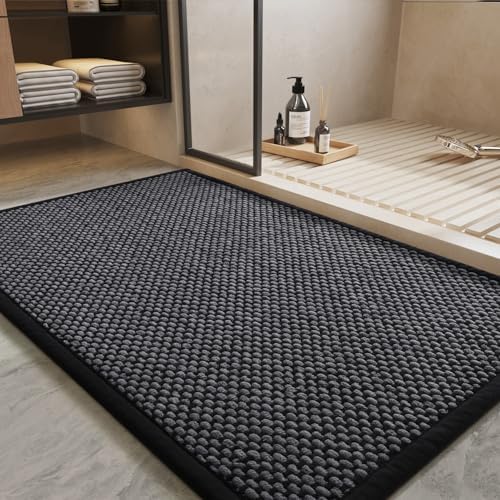 PADOOR-Bath Mat-Super Absorbent Chenille Bathroom Mats-Rubber Backed Bath Mats for Bathroom Non Slip, Easy Clean Bathroom Rugs Front of Bathtub,Shower Room,Sink-20×32, Darkgrey&Black by PADOOR