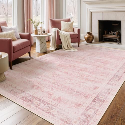 Pink Rug 5x8 for Bedroom Girls, Washable Non Slip Nursery Kids Room Rug Dorm, Aesthetic Distressed Area Rugs for Living Room, Low Pile Thin Carpet Rug for Playroom Dining Room Home Office - Image 5
