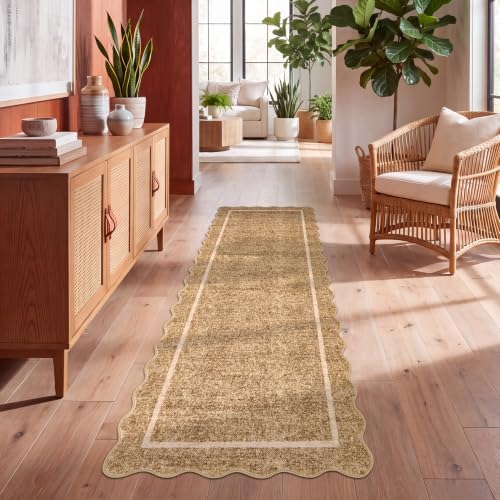 GarveeHome Scalloped Runner Rug for Hallway 2x10 Non Slip Washable, Camel - Image 3